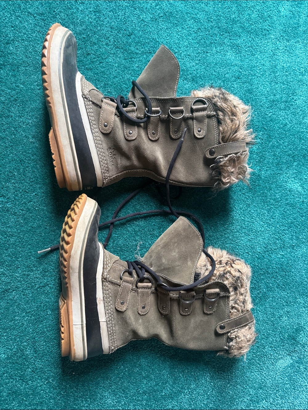 Sorel women Joan of arctic Olive Suede Fur-Trim Lace-Up Winter Boots